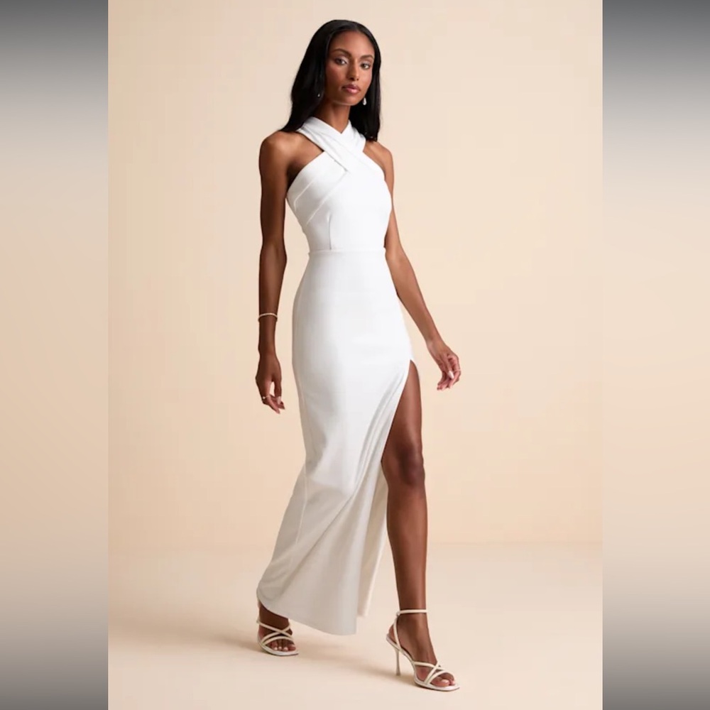 NWT- Head to Cocktail Hour White Halter Neck Dress